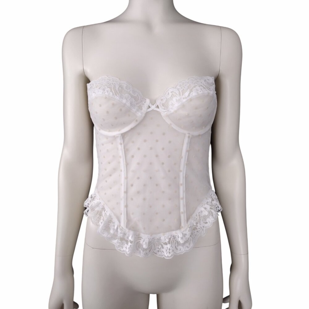 Vintage 80s/90s White Swiss Dot Strapless Sheer Ruffled Corset Bustier Size 34B